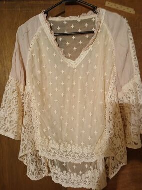 Romantic Lace-Trim V-Neck Blouse in Cream
